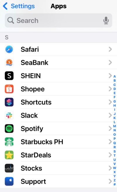 Sélection d'applications dans les paramètres iOS