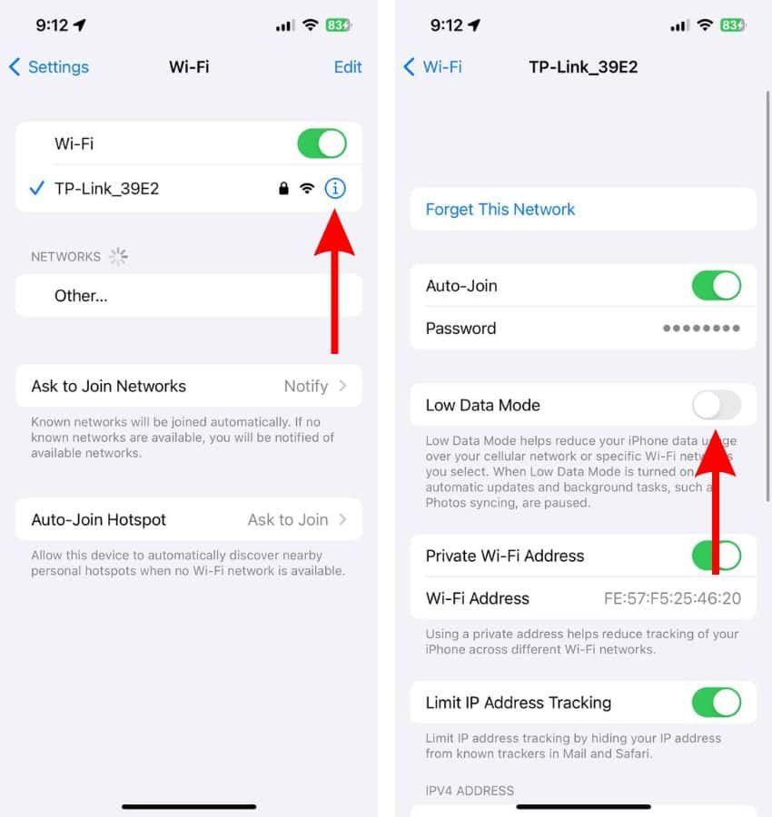 Désactivez le mode Low Data pour le Wi-Fi afin de réparer iOS 17 bloqué lors de la mise à jour demandée