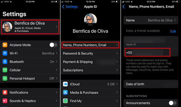 Apple iOS 15 ID Paramètres du compte Nom, numéros de téléphone et e-mail