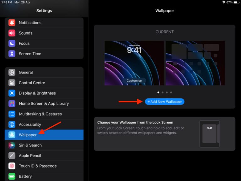 Capture d'écran pour ajouter un nouveau fond d'écran et obtenir le papier peint de l'interrupteur d'éclairage sur iPad