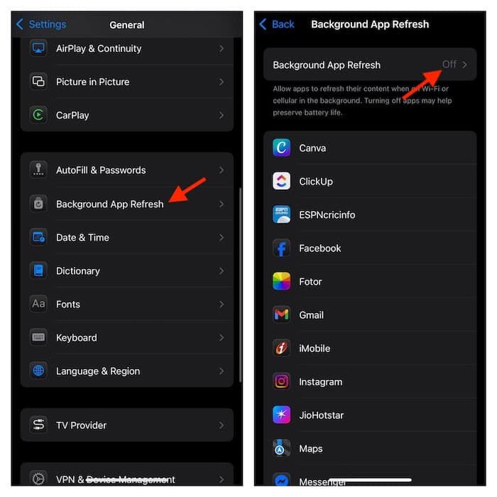 Désactiver l'actualisation de l'application d'arrière-plan sur iPhone
