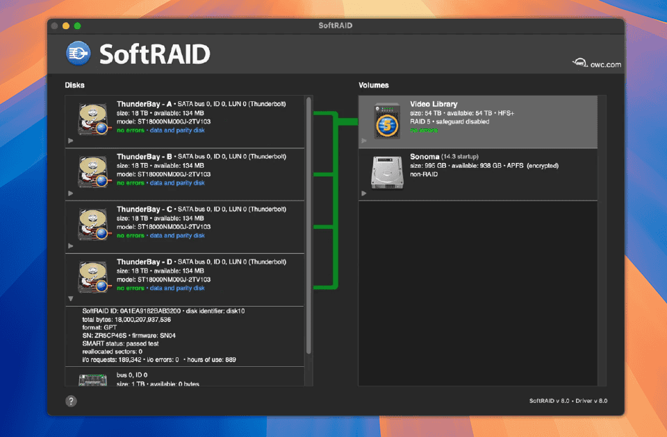 Fenêtre d'application SoftRaid sur le papier peint par défaut de macOS 15 Sequoia
