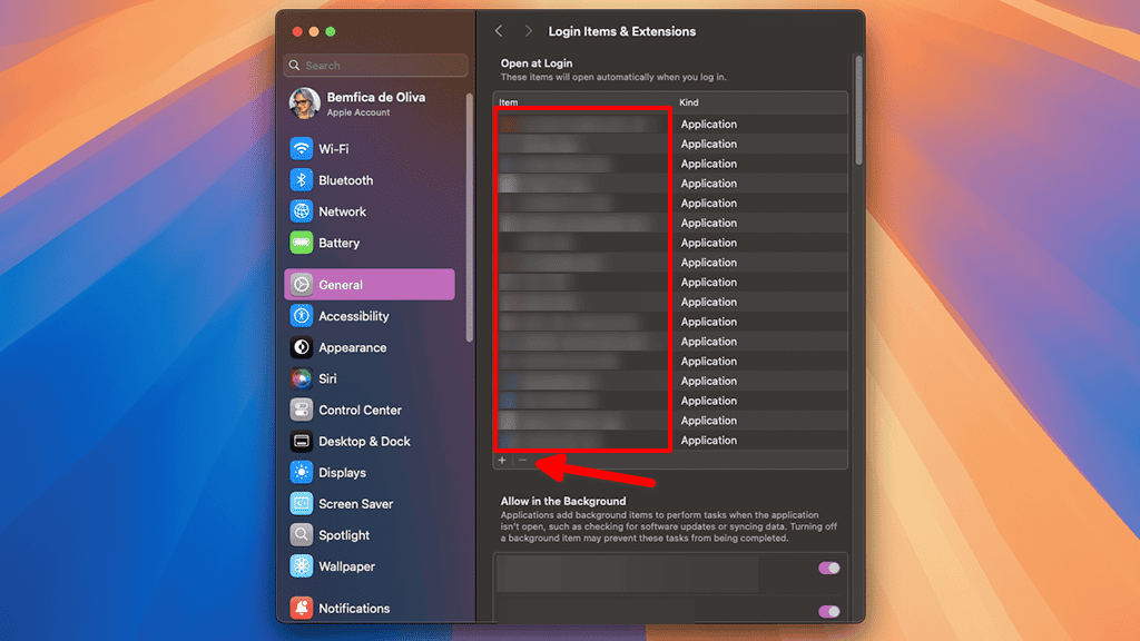 Application Paramètres du système MacOS Sequoia Affichage du menu des éléments et des extensions de connexion avec la liste des éléments de connexion survenue