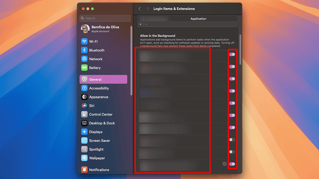 Application paramètres du système MacOS Sequoia Affichage du menu des éléments et des extensions de connexion avec la liste des applications d'arrière