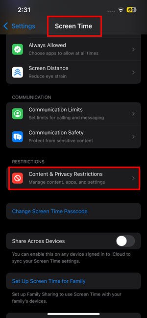 Restrictions de contenu et de confidentialité