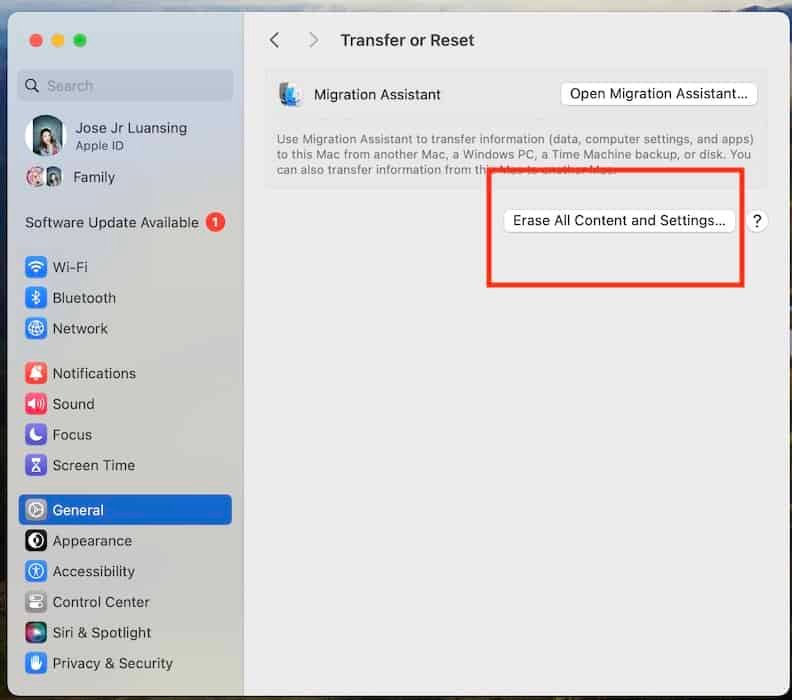 Cliquez sur Effacer tous les contenus et paramètres sur Mac