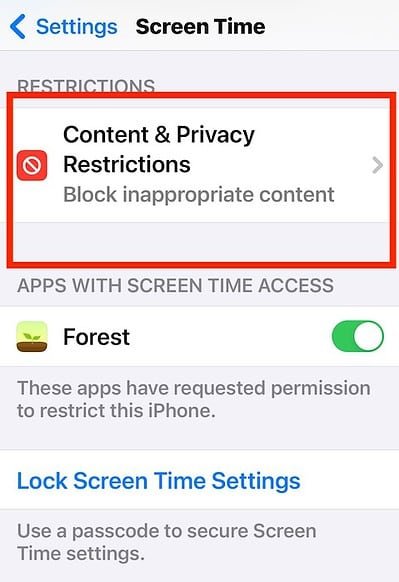 Ouverture des paramètres de restriction de contenu et de confidentialité sur iOS