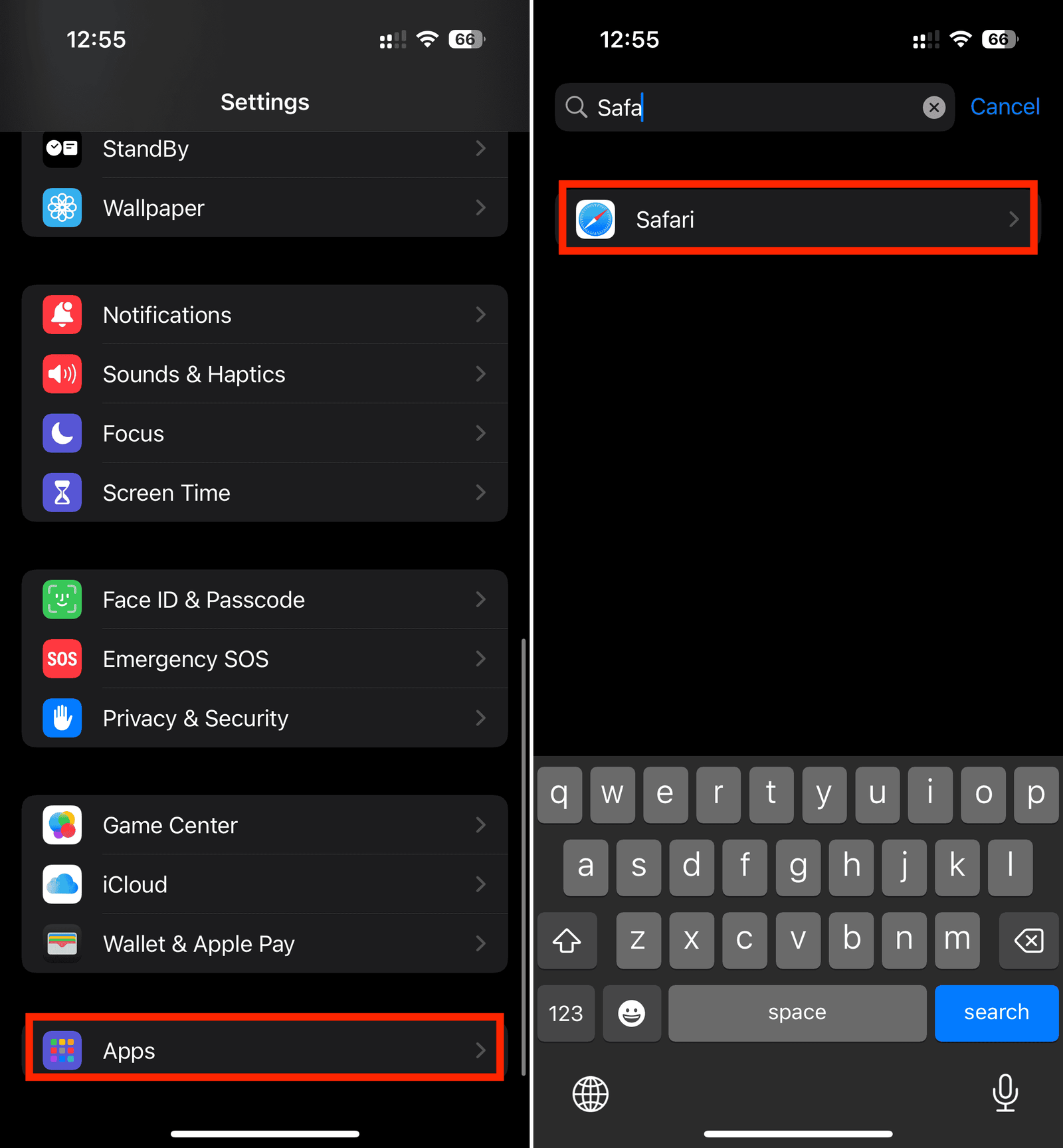Ouvrez safari dans les paramètres de l'iPhone