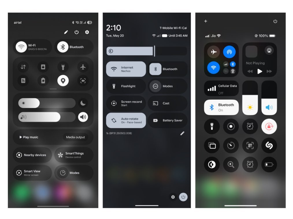 One UI 7 vs Android 16 vs IOS 18 Panneau de paramètres rapides