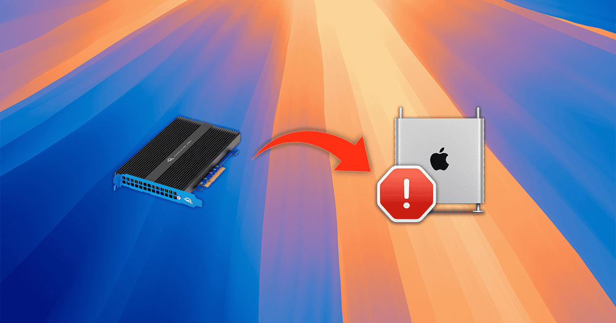 Carte PCIE avec des fentes NVME à gauche avec une flèche incurvée rouge pointant vers un rendu Mac Pro à droite avec une icône d'alerte sur le papier peint par défaut par défaut de macOS 15 Sequoia