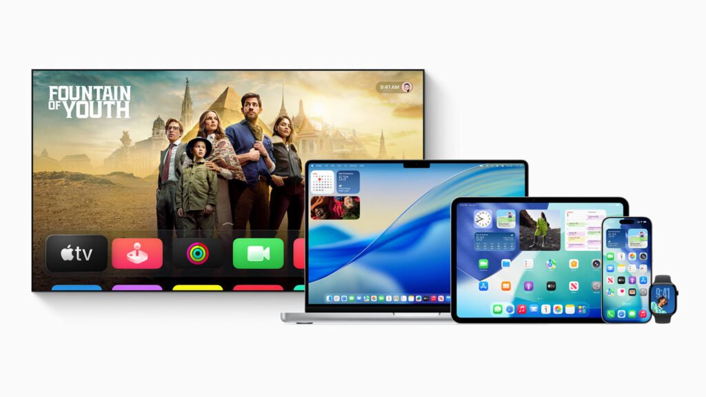 Thème de verre liquide sur plusieurs appareils Apple.