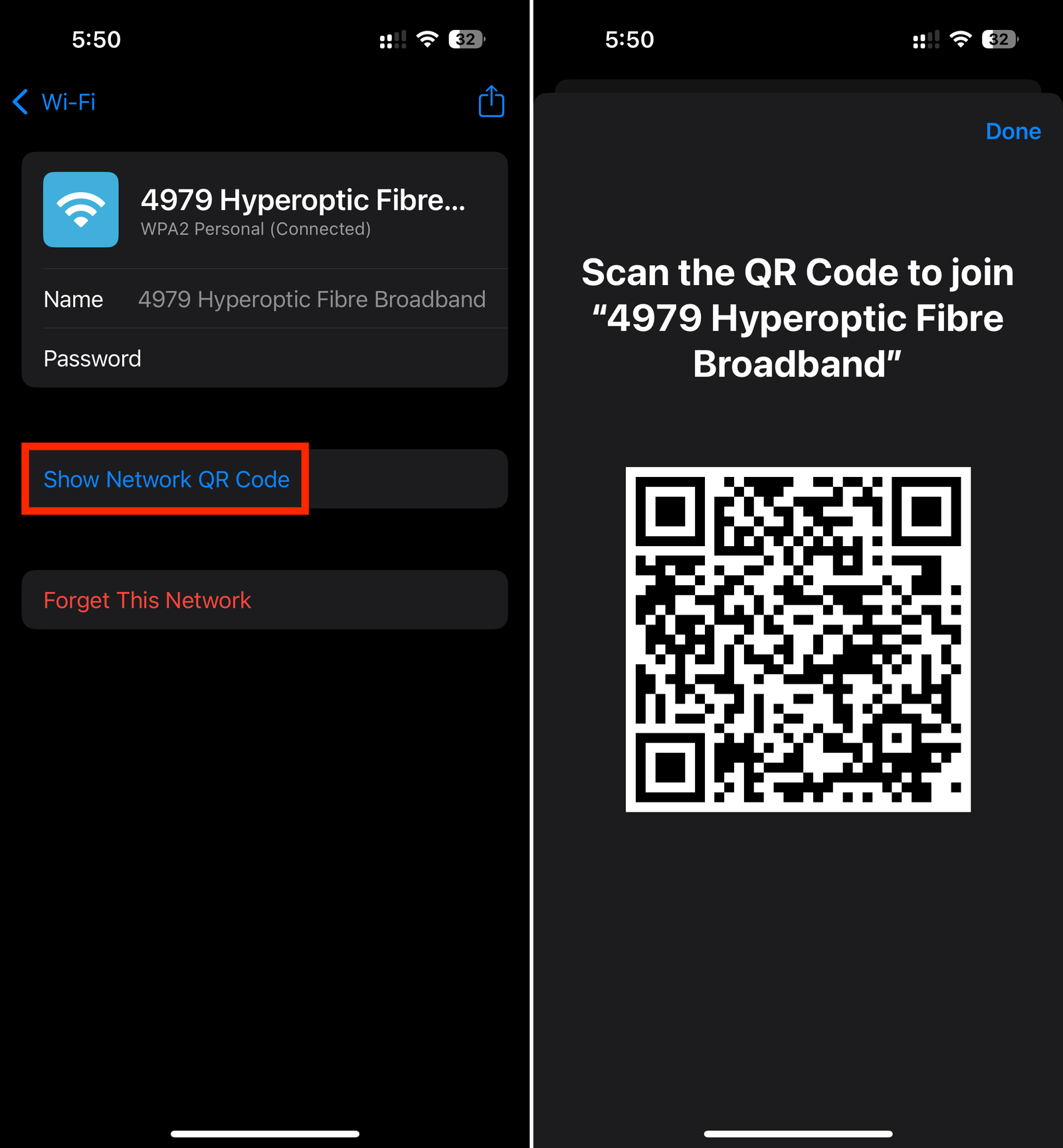 Code QR réseau dans l'application de mots de passe