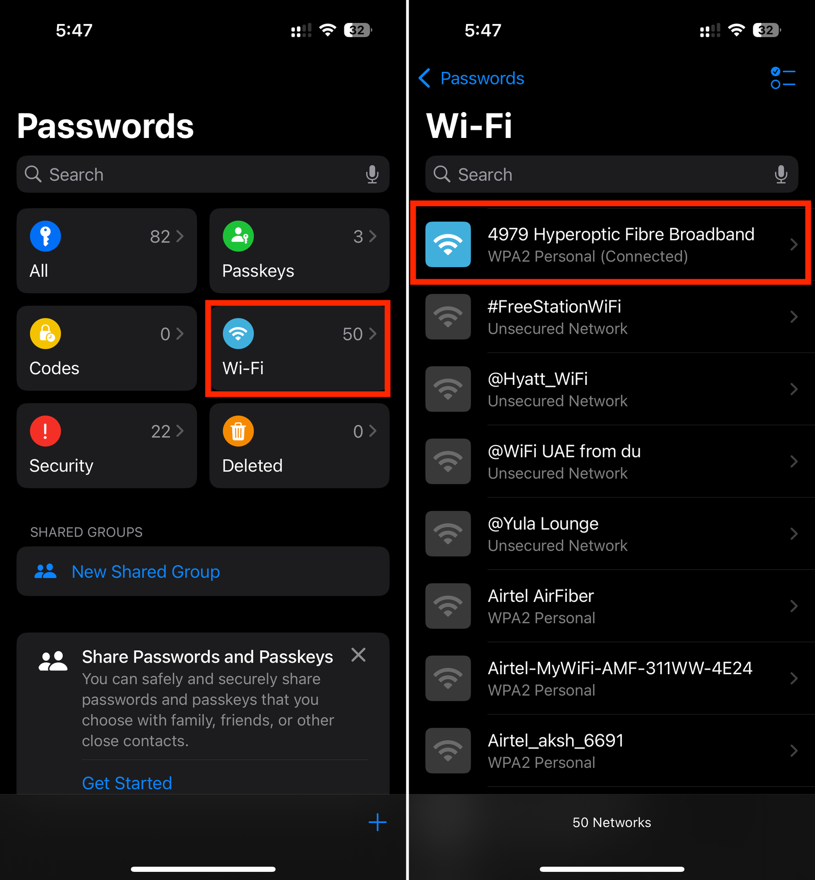 Informations Wi-Fi dans l'application de mots de passe