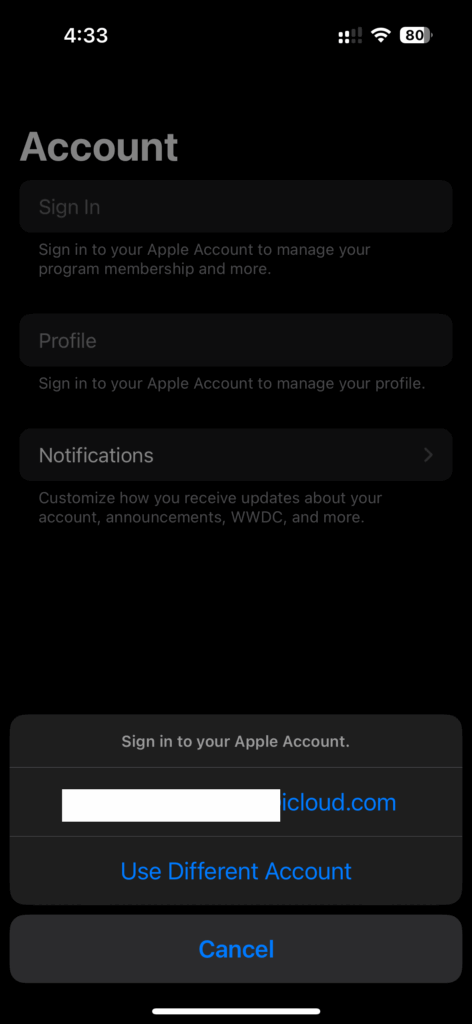Choisissez votre compte Apple pour le programme bêta