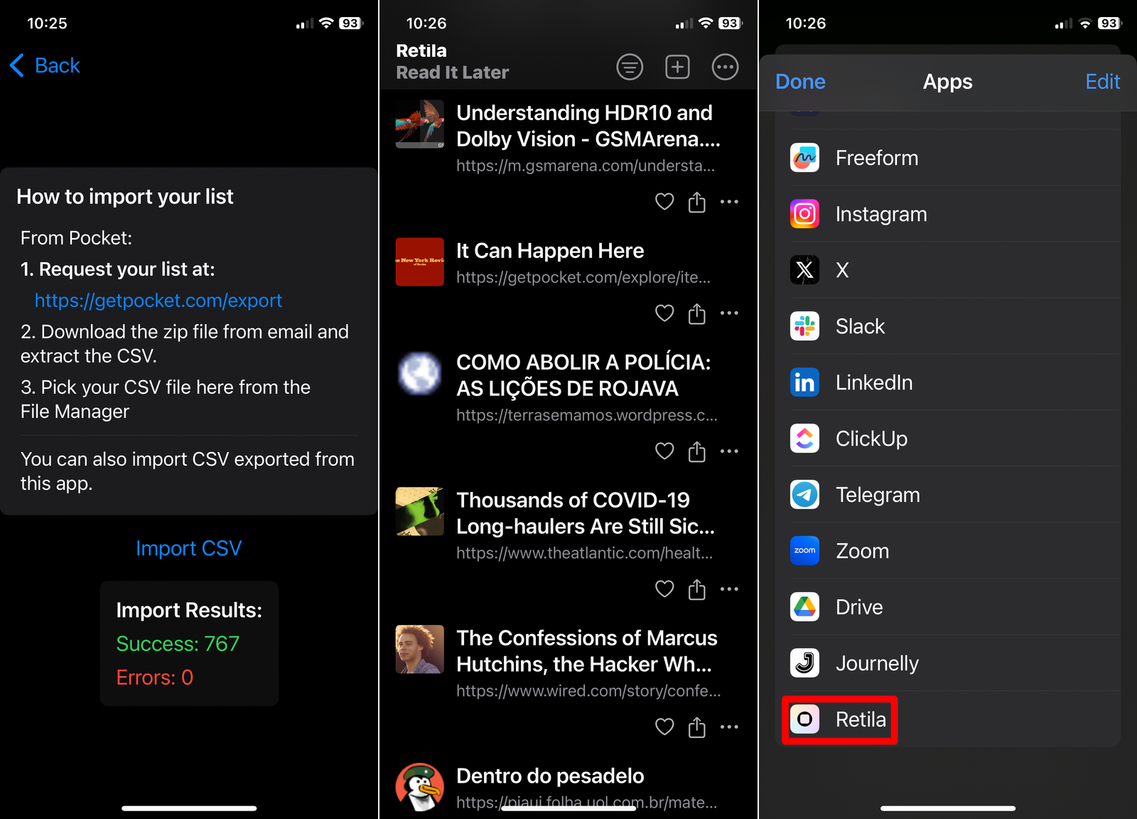 Retila iOS et Pocket Alternative App Import, Article List et Partager Menu