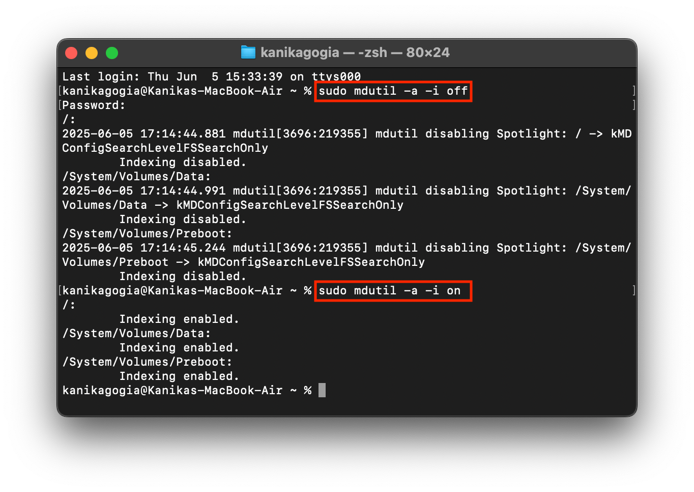Réindexer l'application de messagerie à l'aide du terminal