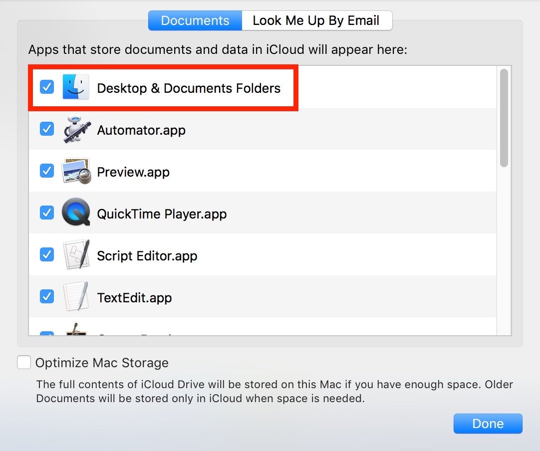 Éteignez les dossiers de bureau et de documents synchronisés dans les paramètres d'options de lecteur iCloud