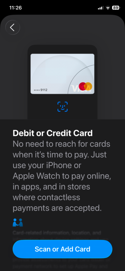 Écran de configuration de la carte d'application Apple Pay iPhone iOS 26 Wallet